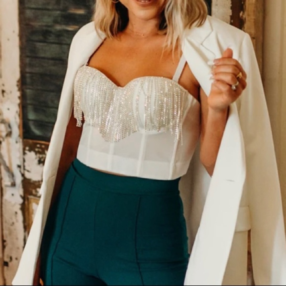 Rhinestone fringe crop top.